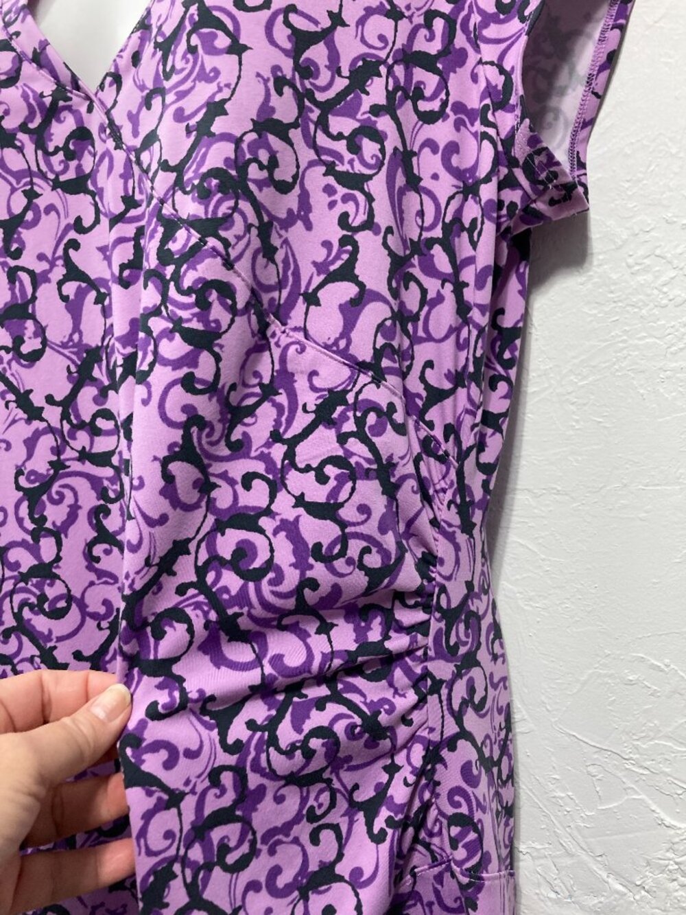 Athleta Nectar Faux Wrap Dress Purple Vine Scroll Paisley V-Neck Ruched L? - Picture 10 of 11